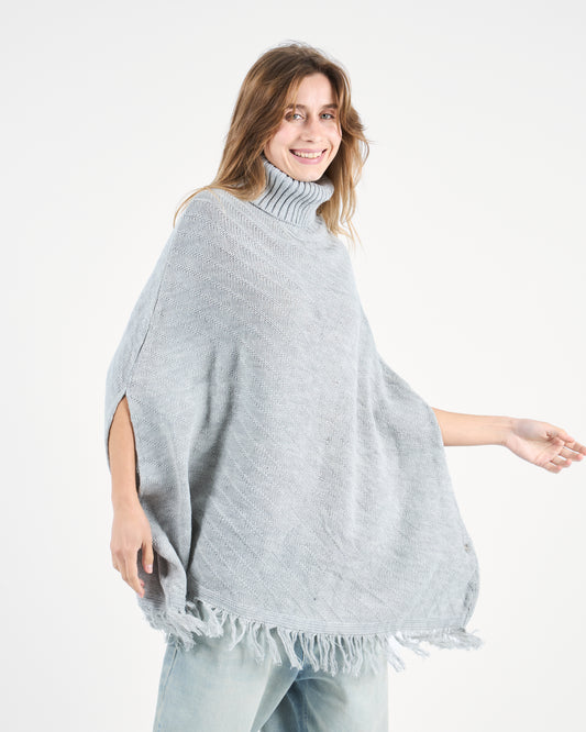 Grey Turtleneck Poncho With Fringe’s