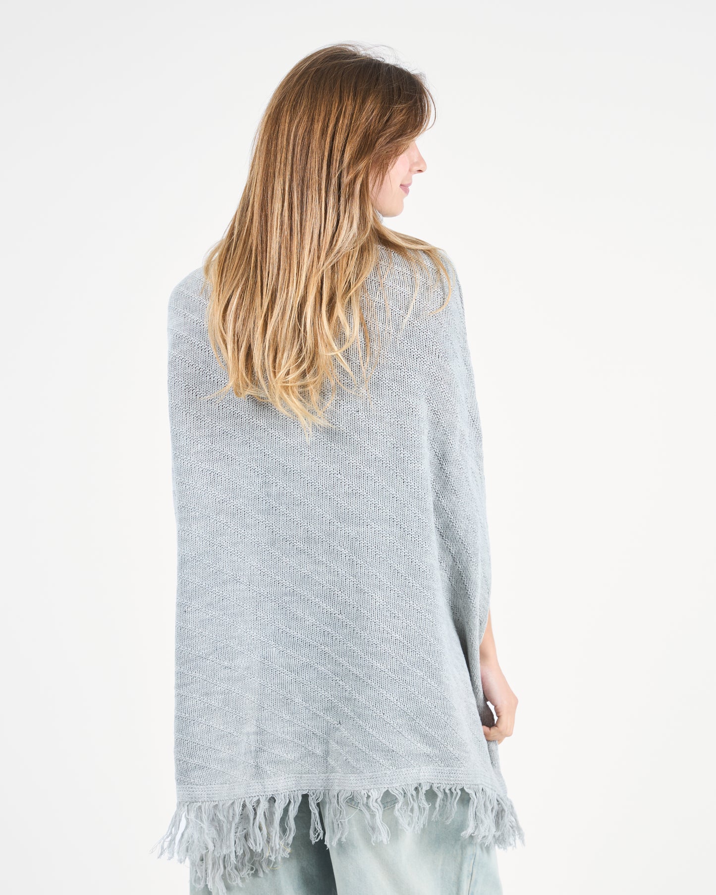 Grey Turtleneck Poncho With Fringe’s