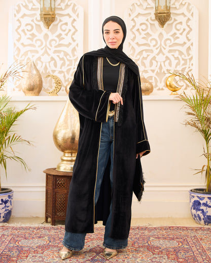 Royal Velvet Trim Black Kaftan With Clutch