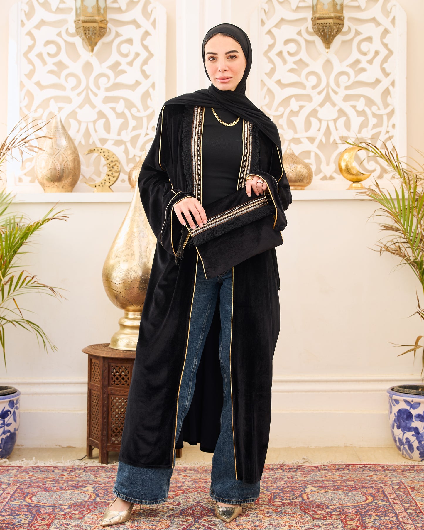 Royal Velvet Trim Black Kaftan With Clutch