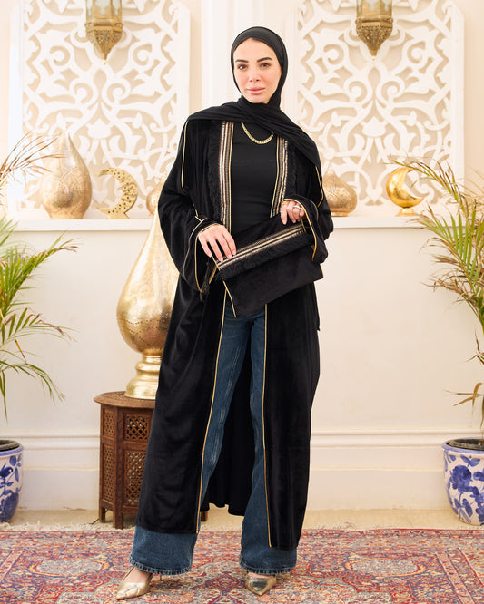 Royal Velvet Trim Black Kaftan With Clutch