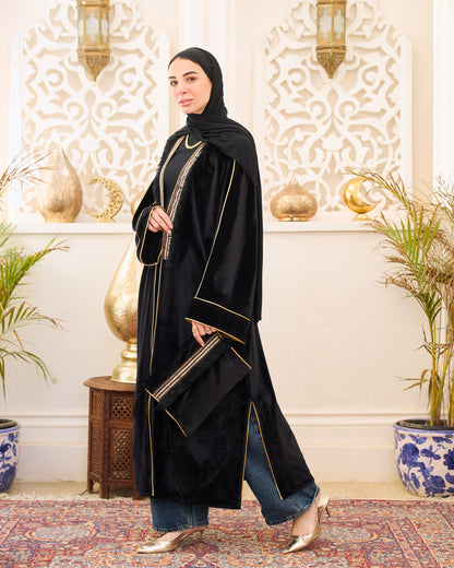 Royal Velvet Trim Black Kaftan With Clutch
