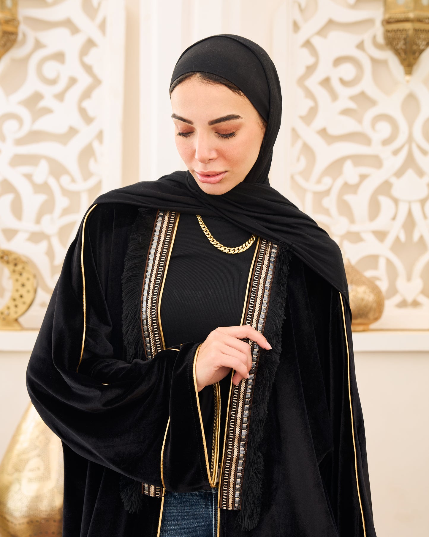Royal Velvet Trim Black Kaftan With Clutch