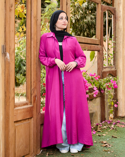 Flowy Linen Shirt Dress (Fuchsia)