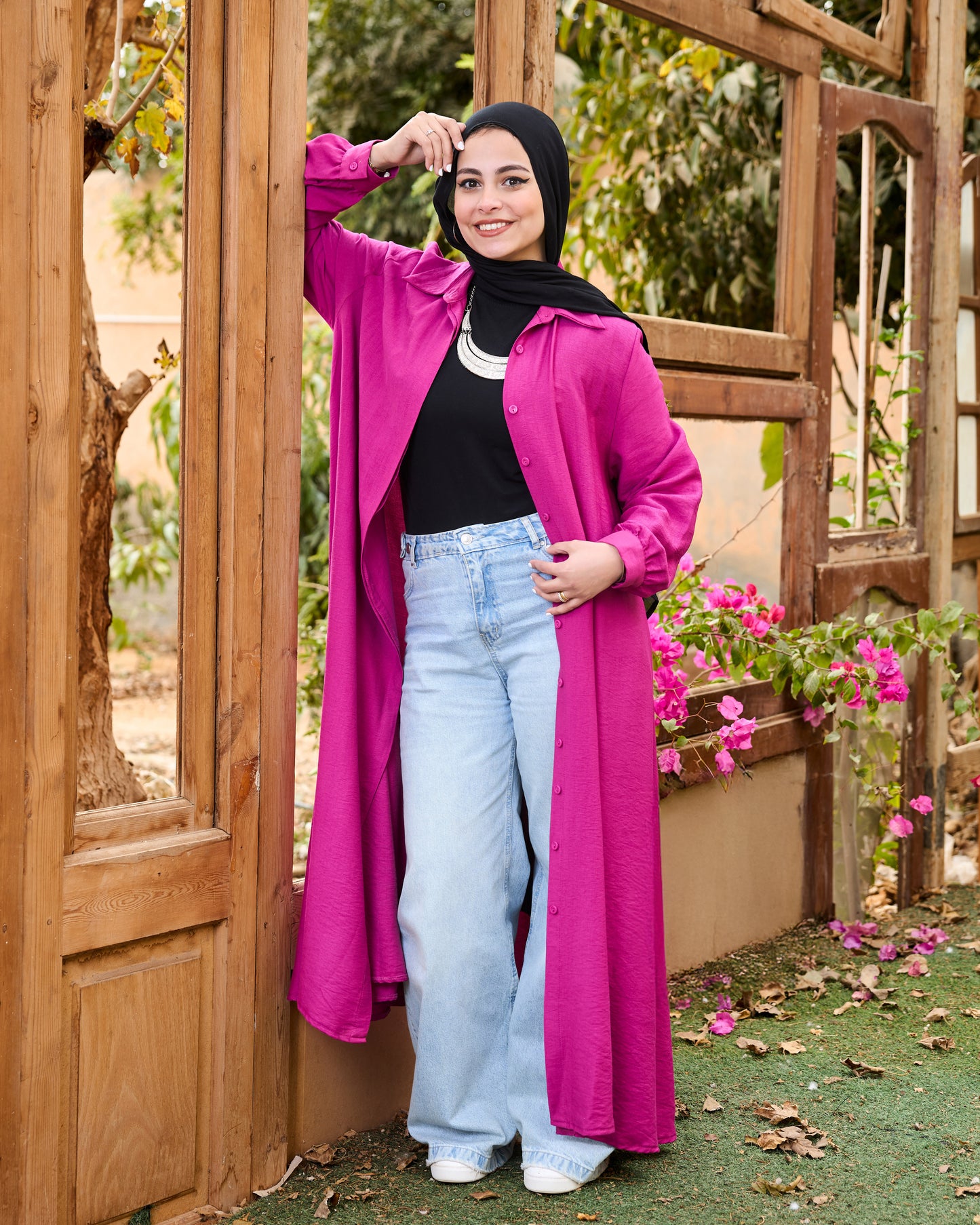 Flowy Linen Shirt Dress (Fuchsia)