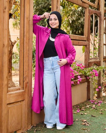 Flowy Linen Shirt Dress (Fuchsia)