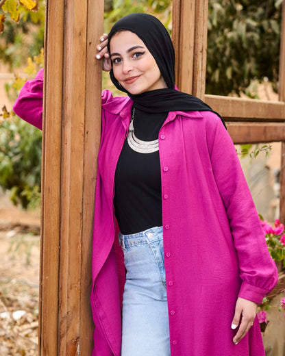 Flowy Linen Shirt Dress (Fuchsia)