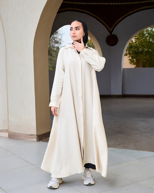Flowy Linen Shirt Dress (Beige)