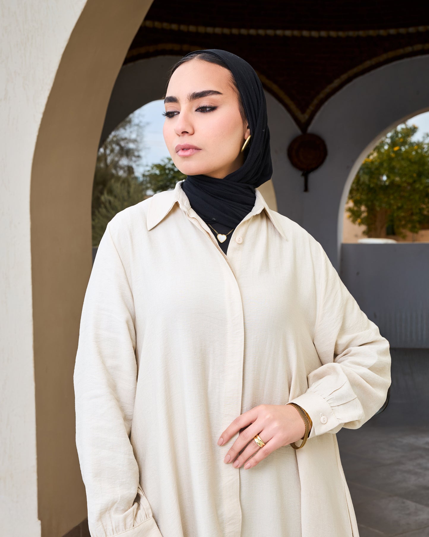 Flowy Linen Shirt Dress (Beige)