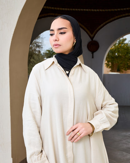 Flowy Linen Shirt Dress (Beige)