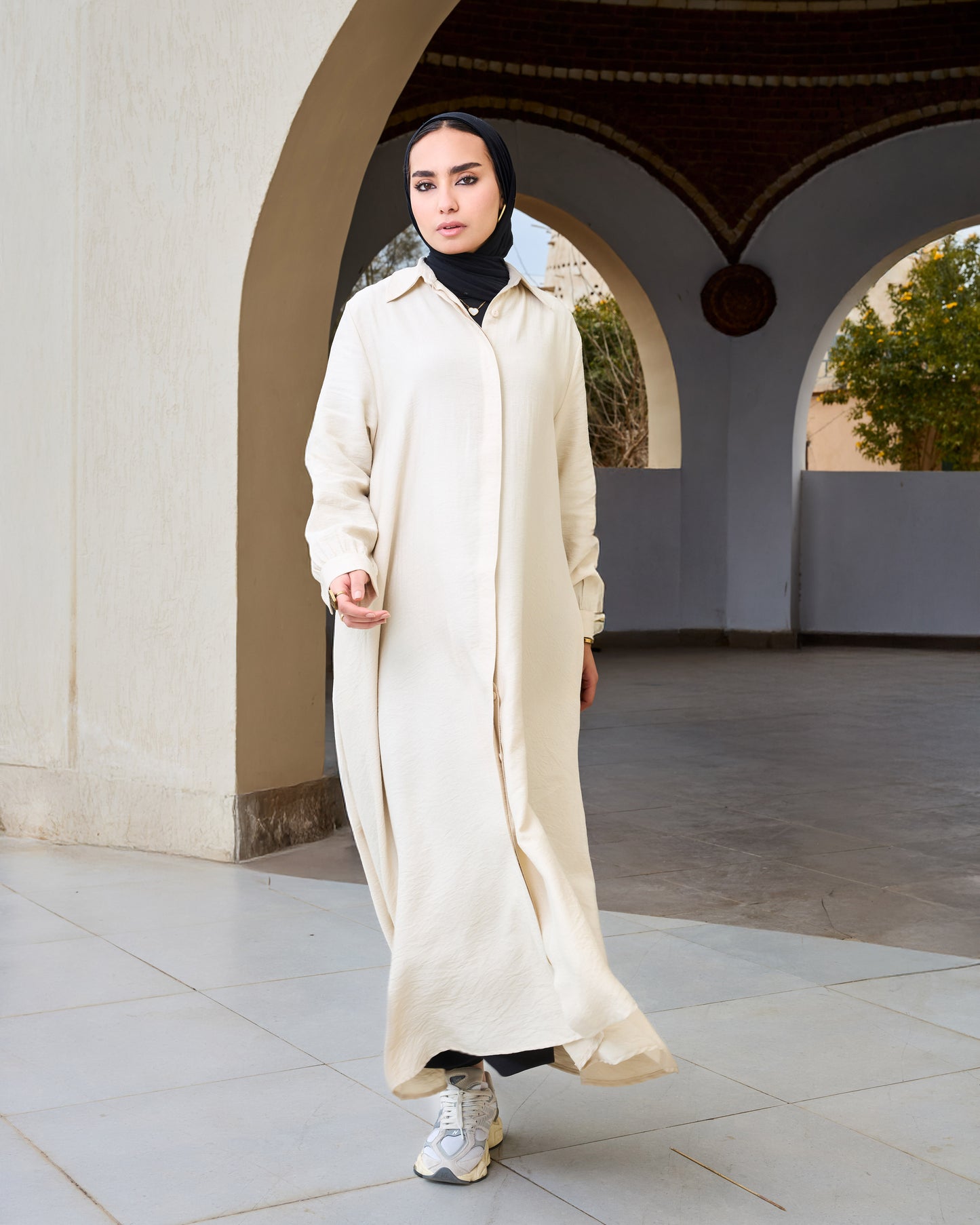 Flowy Linen Shirt Dress (Beige)