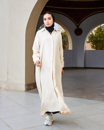 Flowy Linen Shirt Dress (Beige)