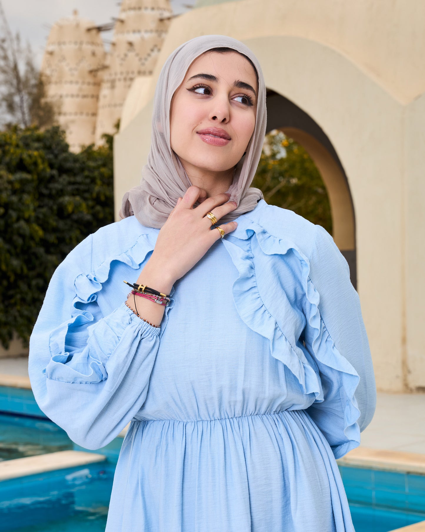 Plain Ruffled Dress (Baby-blue)