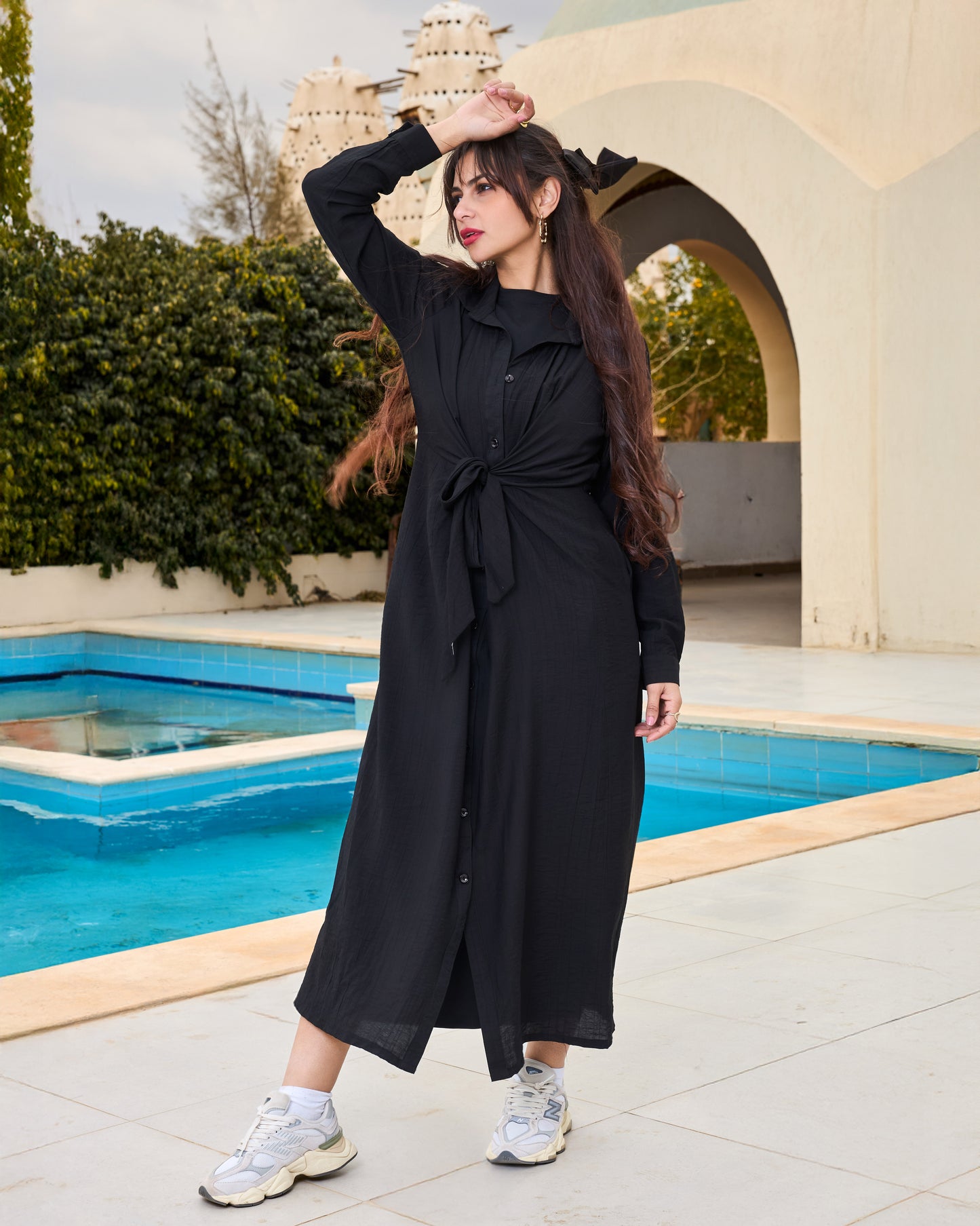 Linen Shirt Dress with knot (Black)