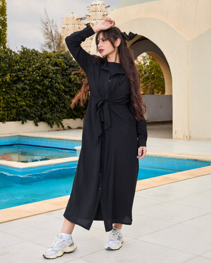 Linen Shirt Dress with knot (Black)
