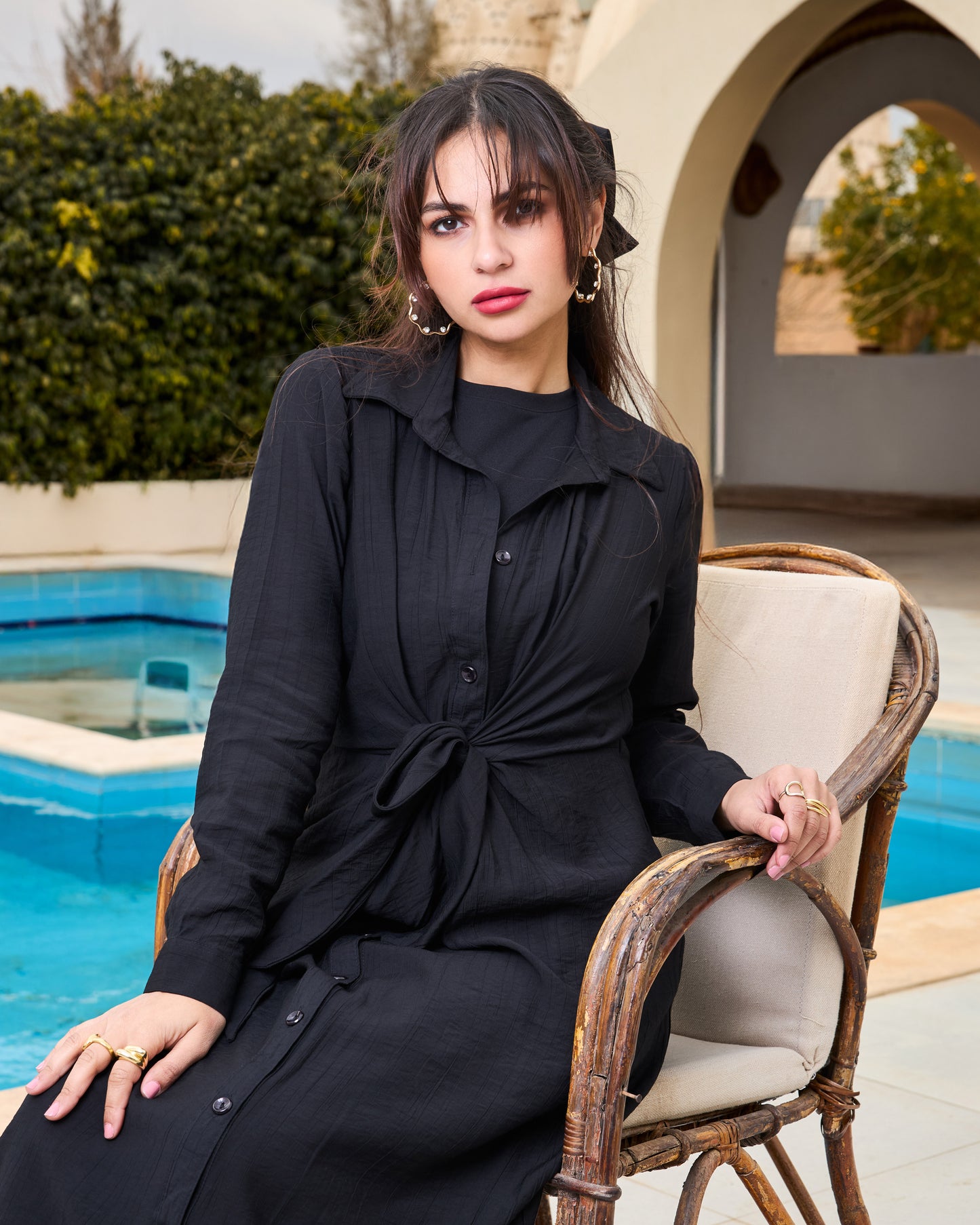 Linen Shirt Dress with knot (Black)