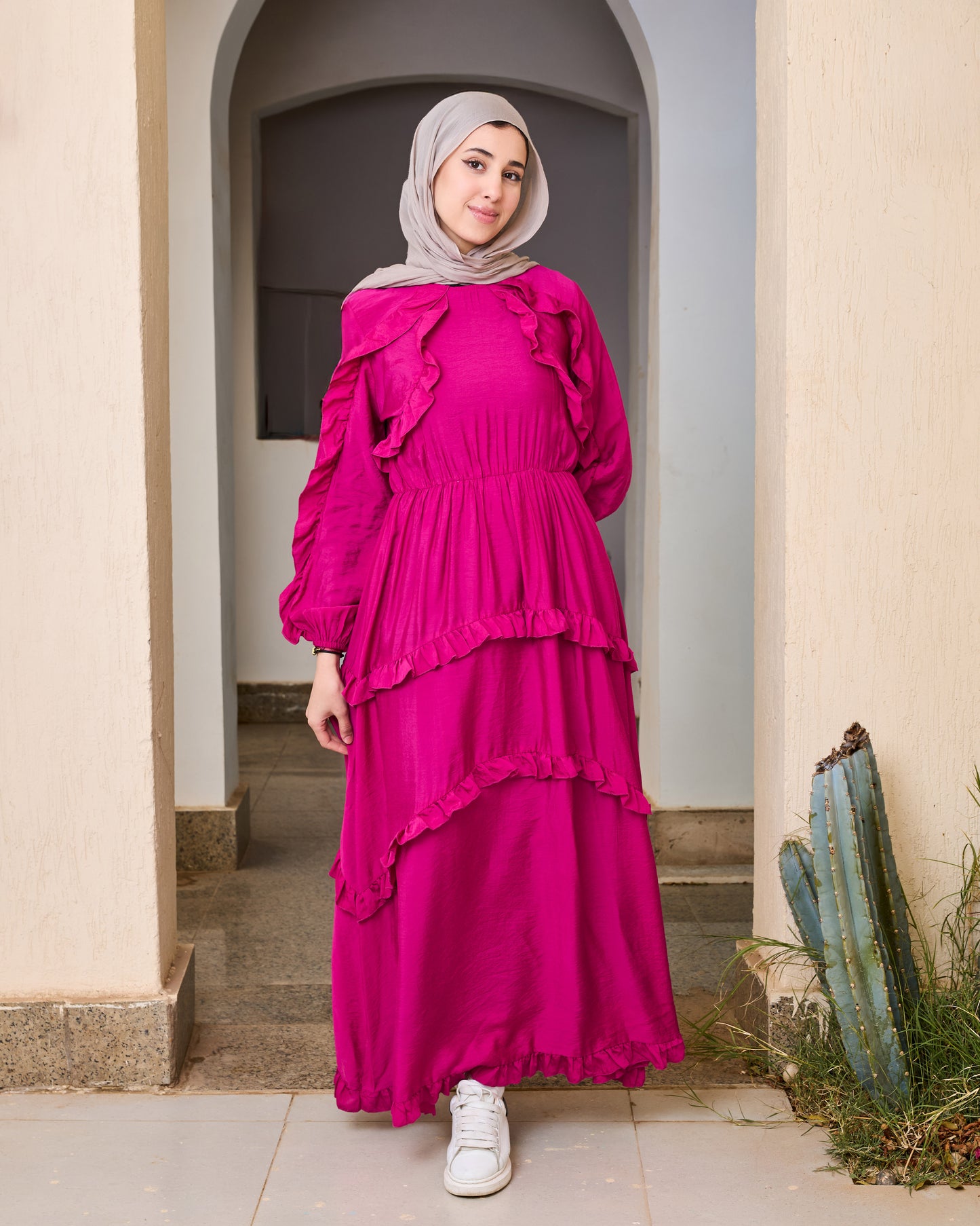 Plain Ruffled Dress (Fuchsia)
