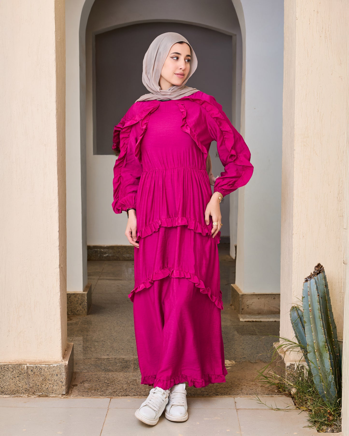 Plain Ruffled Dress (Fuchsia)