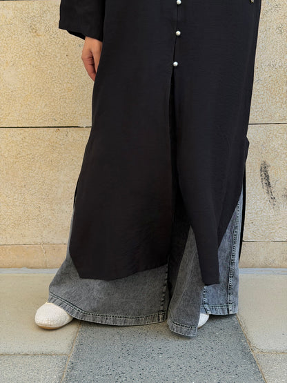 Pearl Button Long Tunic In Black