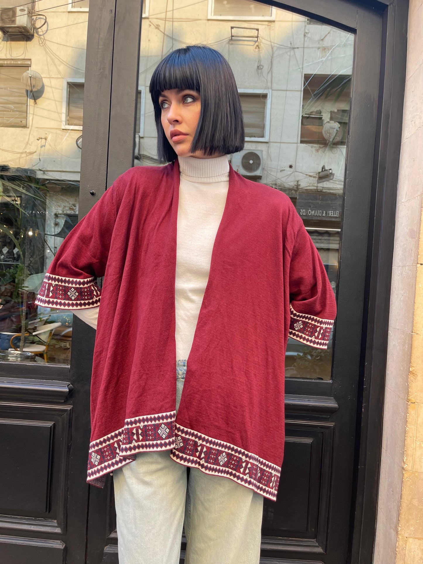 Turkish Boho Asymmetric Knit Cardigan in Burgundy