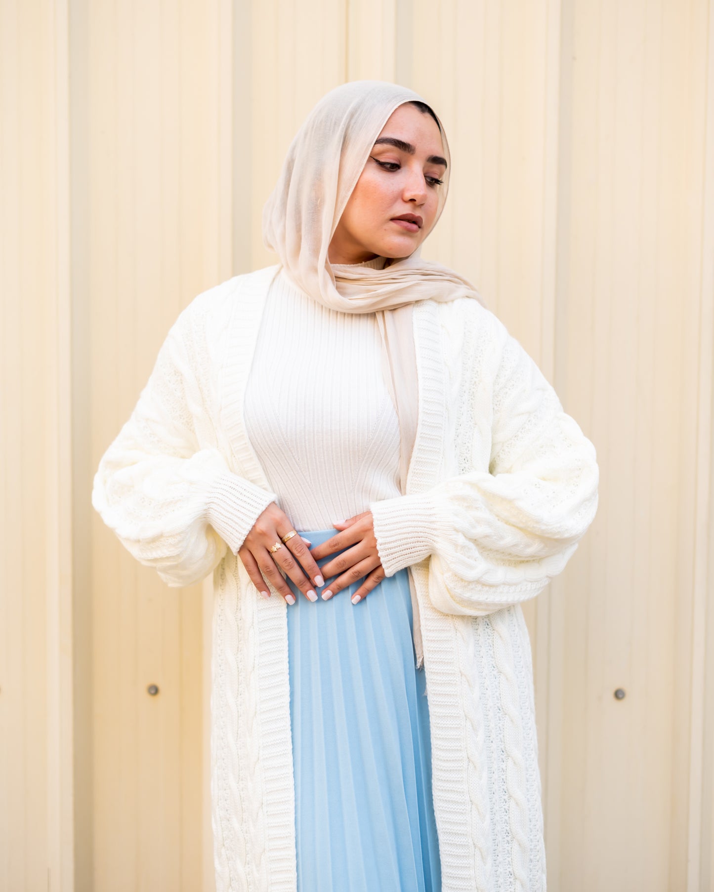 Cable knit cardigan in off white