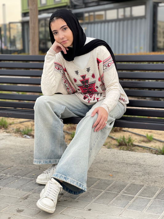 Turkish tribal geometric Pattern sweater in beige