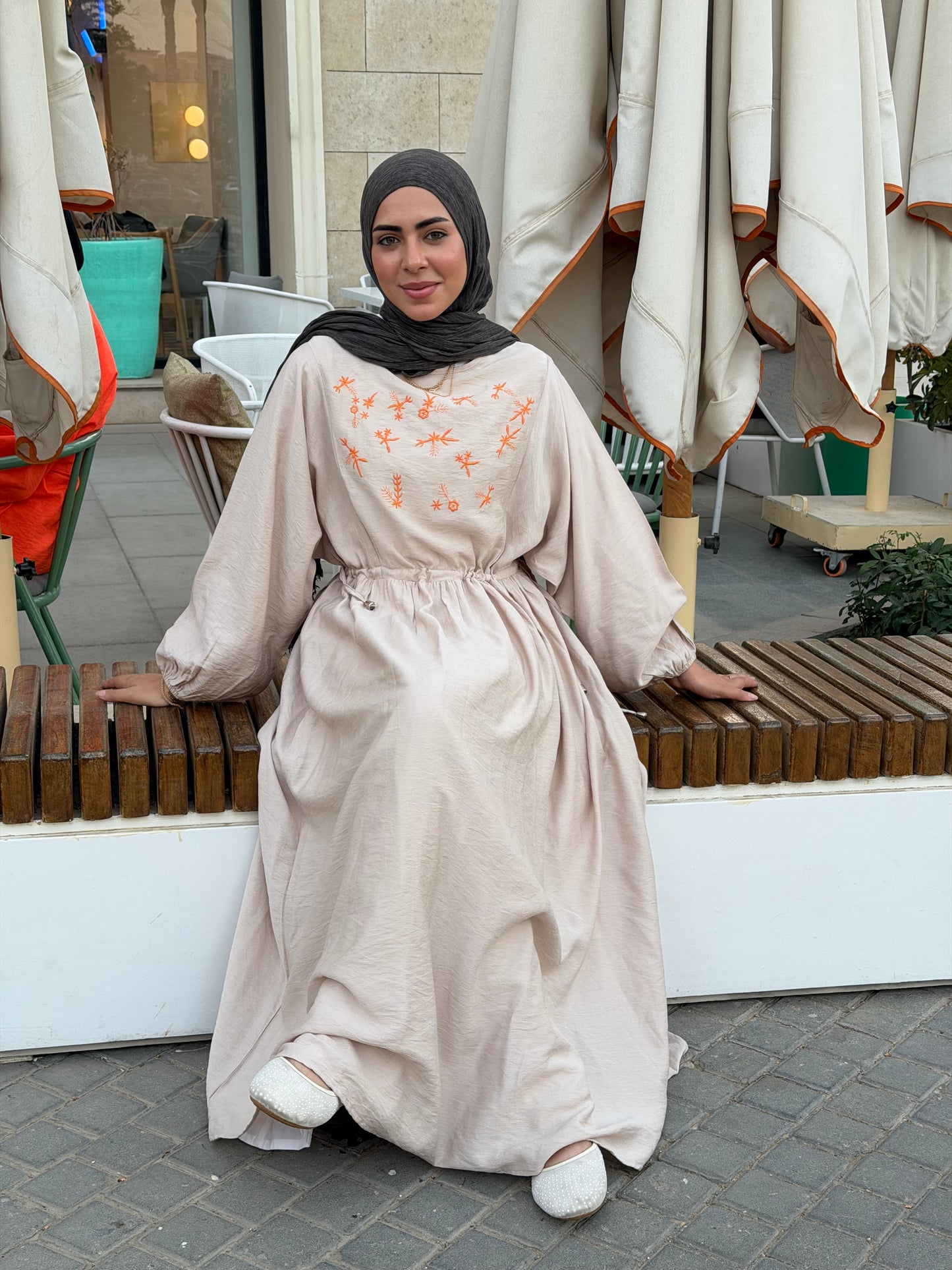 Elena Beige Embroidered  Dress
