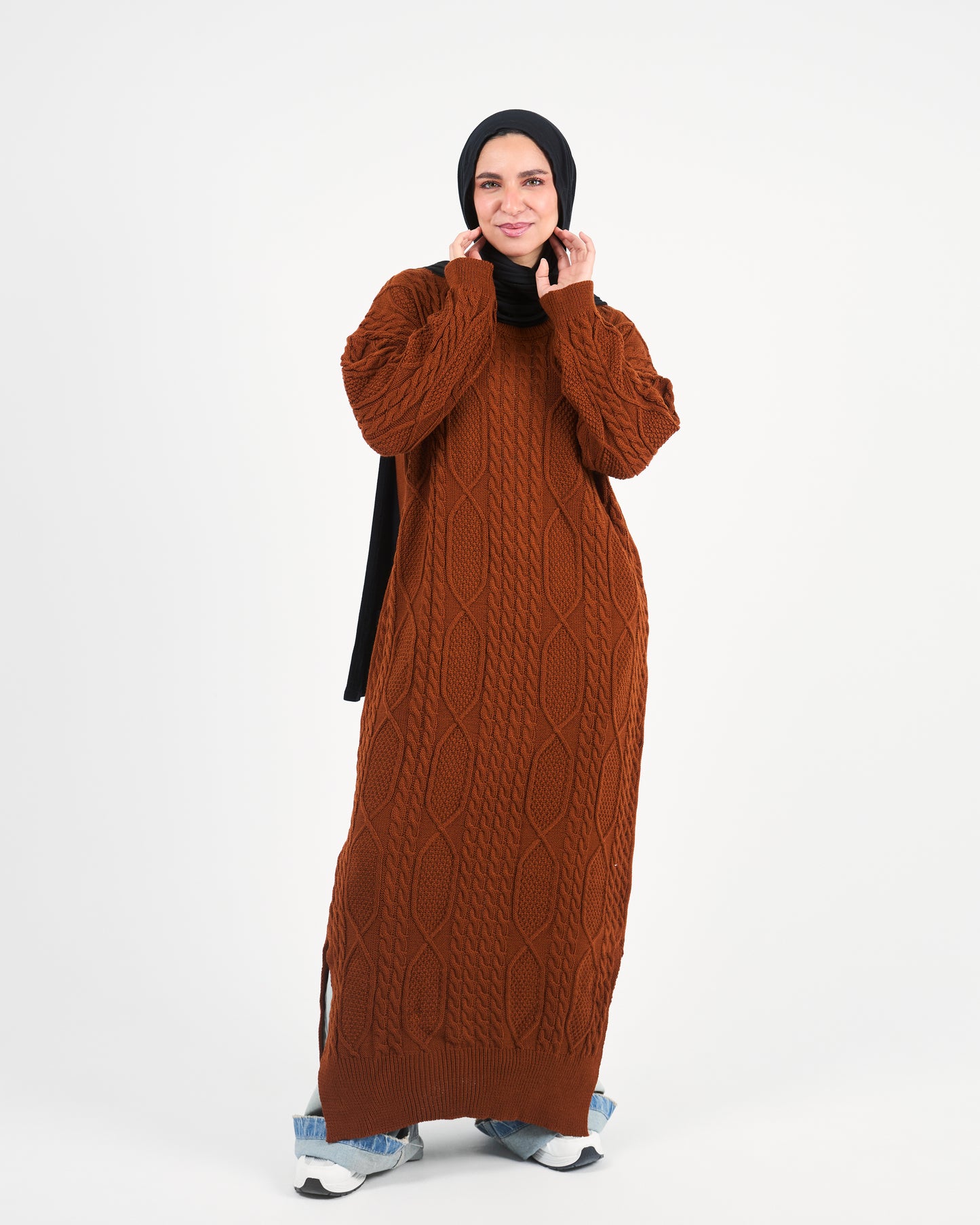 Longline  Cable-Knit Sweater Dress in Brownish Camel