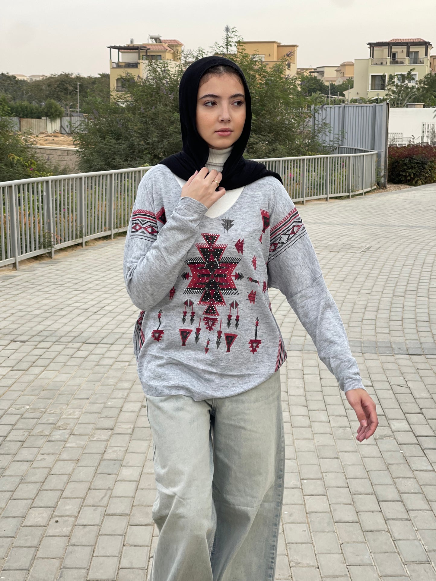 Turkish tribal geometric sweater in grey