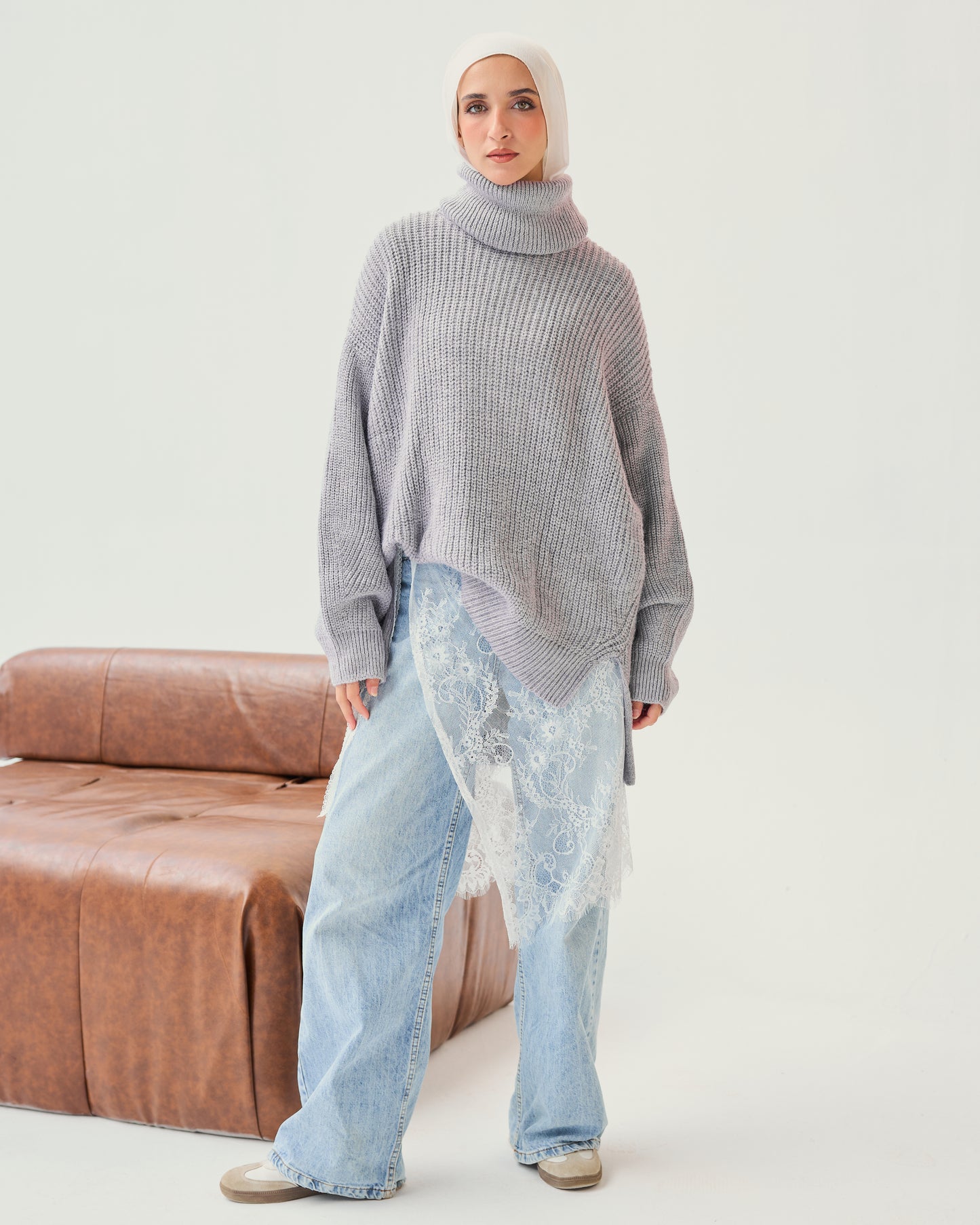 High-Low Turtle-neck Pullover In Lilac