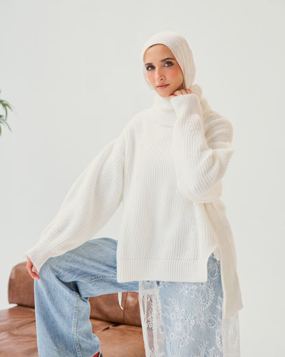 High-Low Turtle-neck Pullover In White