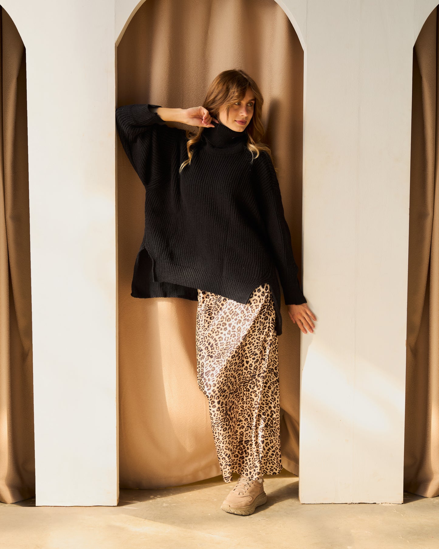 High-Low Turtle-neck Pullover In Black