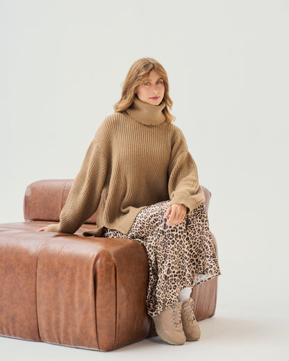 High-Low Turtle-neck Pullover In cafe