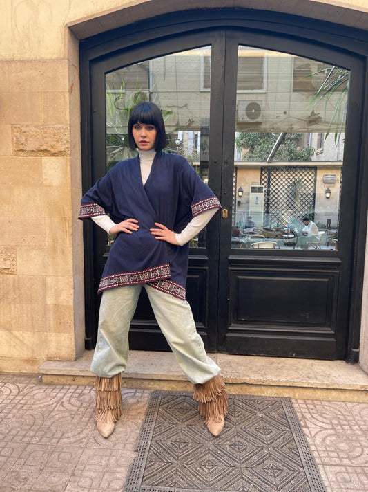 Turkish Boho Asymmetric Knit Cardigan in Navy Blue