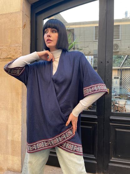 Turkish Boho Asymmetric Knit Cardigan in Navy Blue