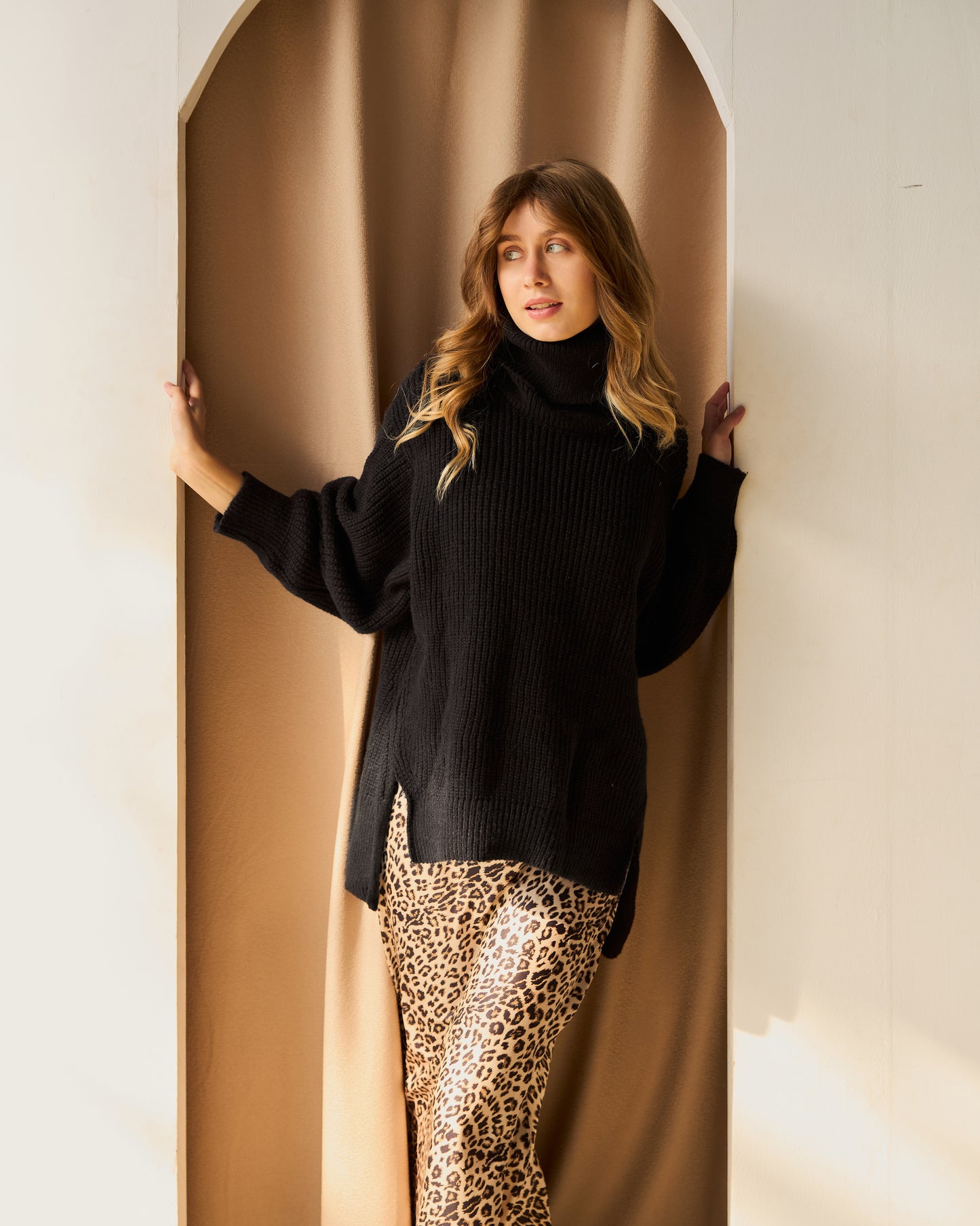 High-Low Turtle-neck Pullover In Black