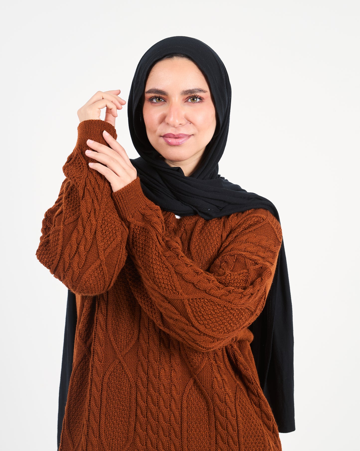 Longline  Cable-Knit Sweater Dress in Brownish Camel