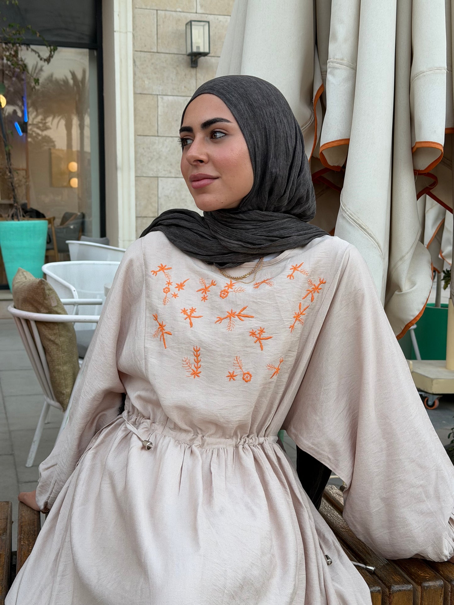 Elena Beige Embroidered  Dress