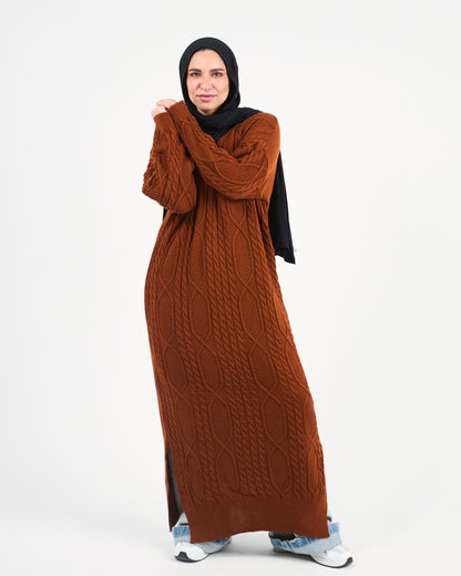 Longline  Cable-Knit Sweater Dress in Brownish Camel