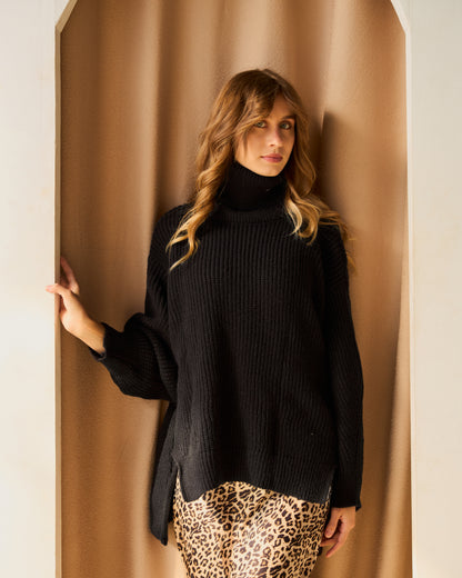 High-Low Turtle-neck Pullover In Black