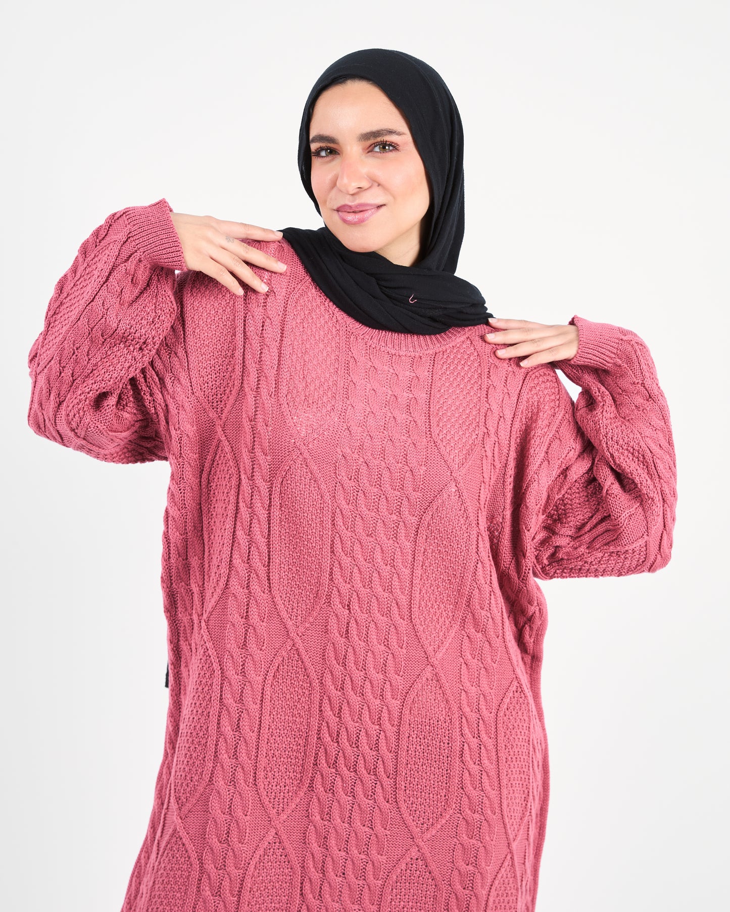 Longline  Cable-Knit Sweater Dress in Kashmir pink