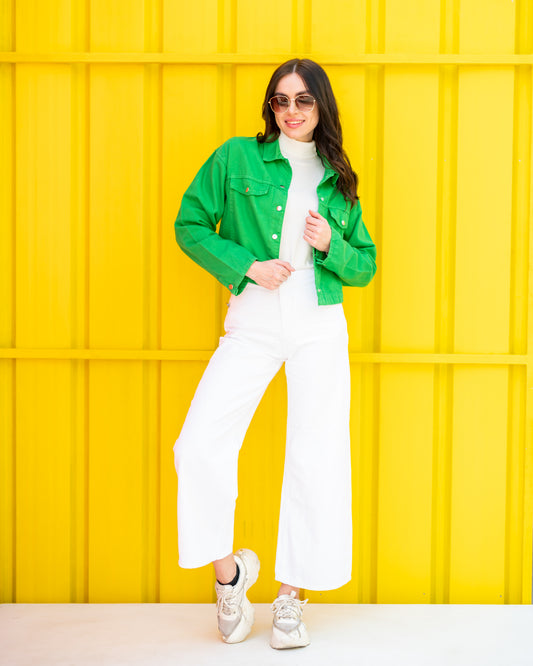 Green denim cropped jacket
