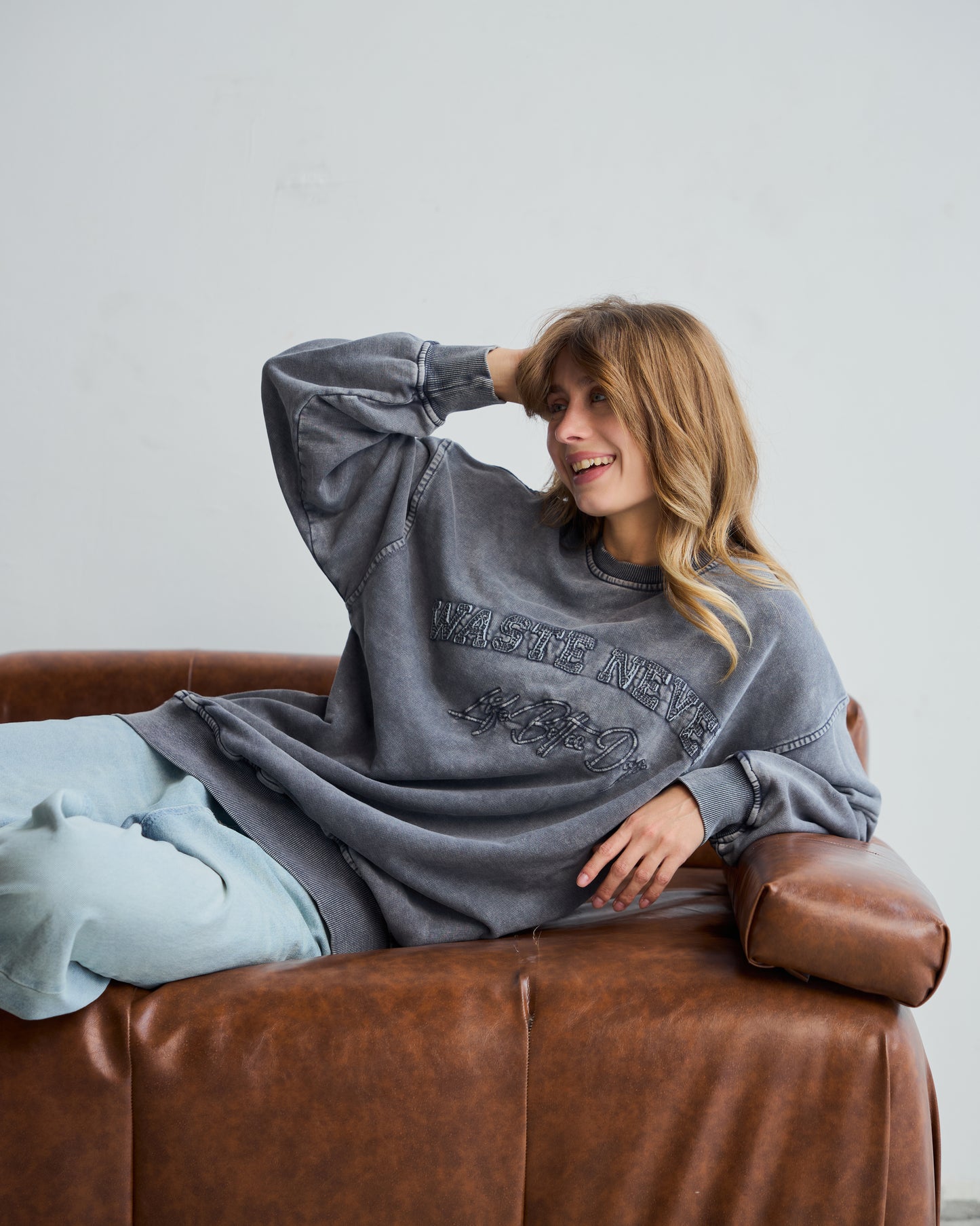 Washed Grey Oversized Crew Neck Sweatshirt