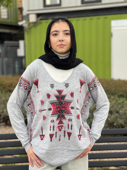 Turkish tribal geometric sweater in grey