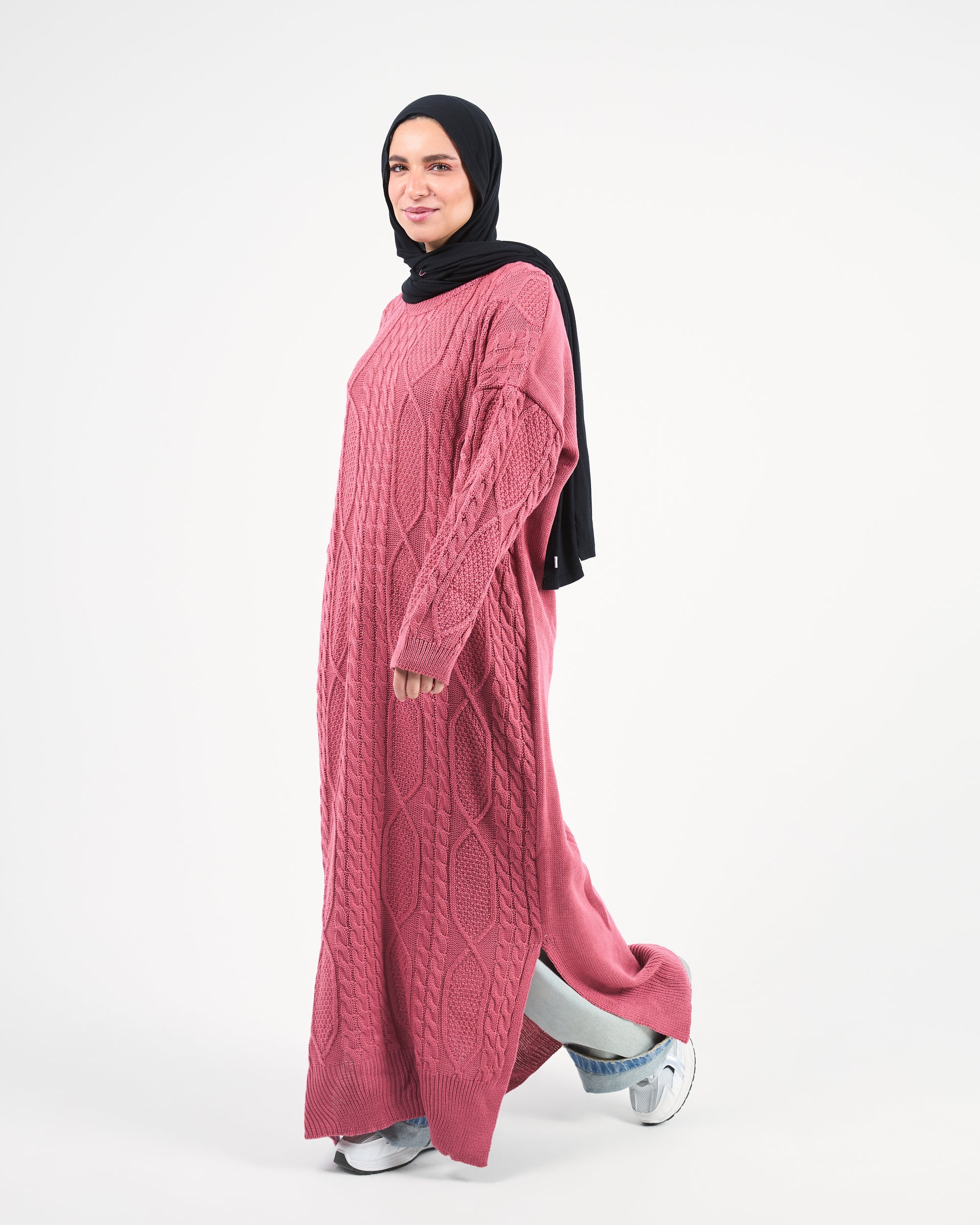 Longline Cable-Knit Sweater Dress in Kashmir pink PrudeStyle Longline Cable-Knit Sweater Dress in Kashmir pink PrudeStyle