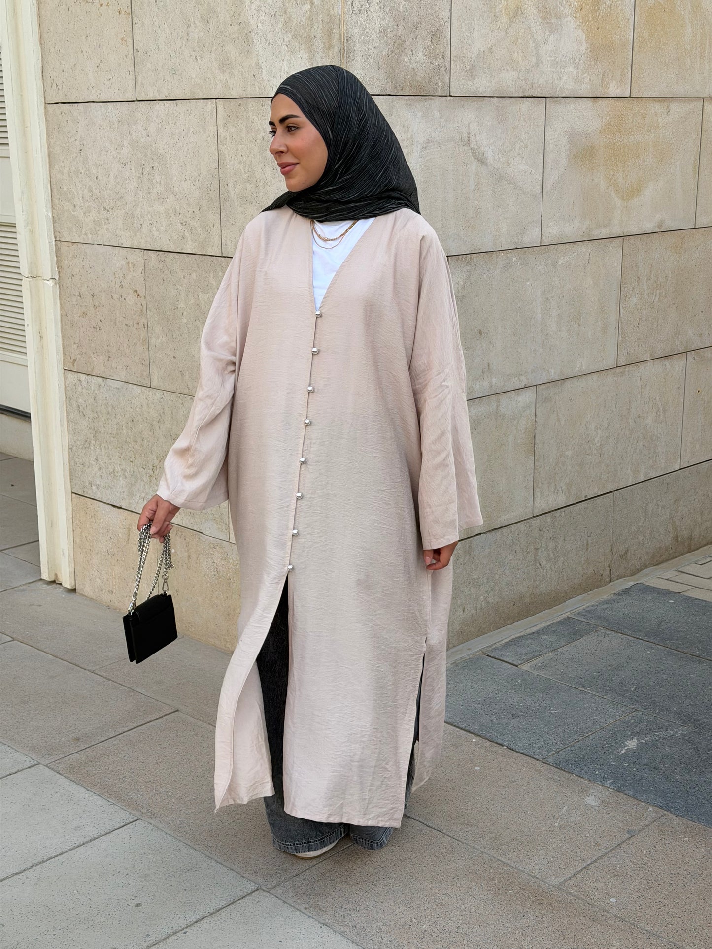 Pearl Button Long Tunic In Beige