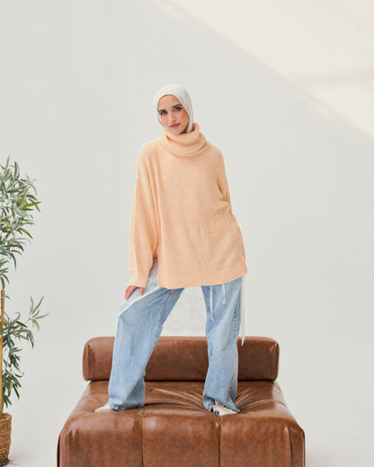 High-Low Turtle-neck Pullover in Light Salmon