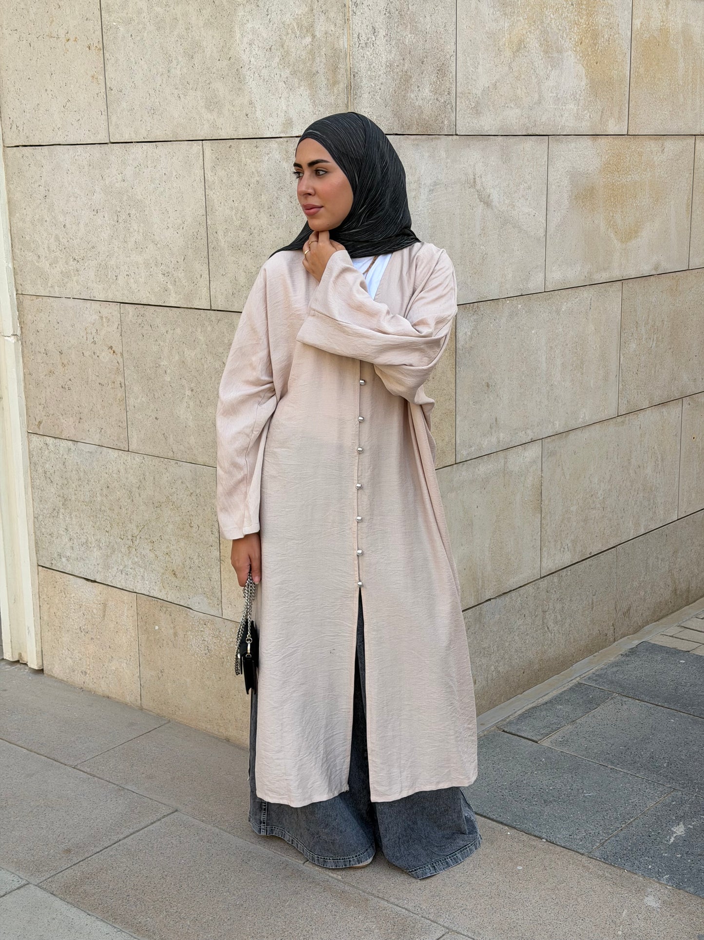 Pearl Button Long Tunic In Beige