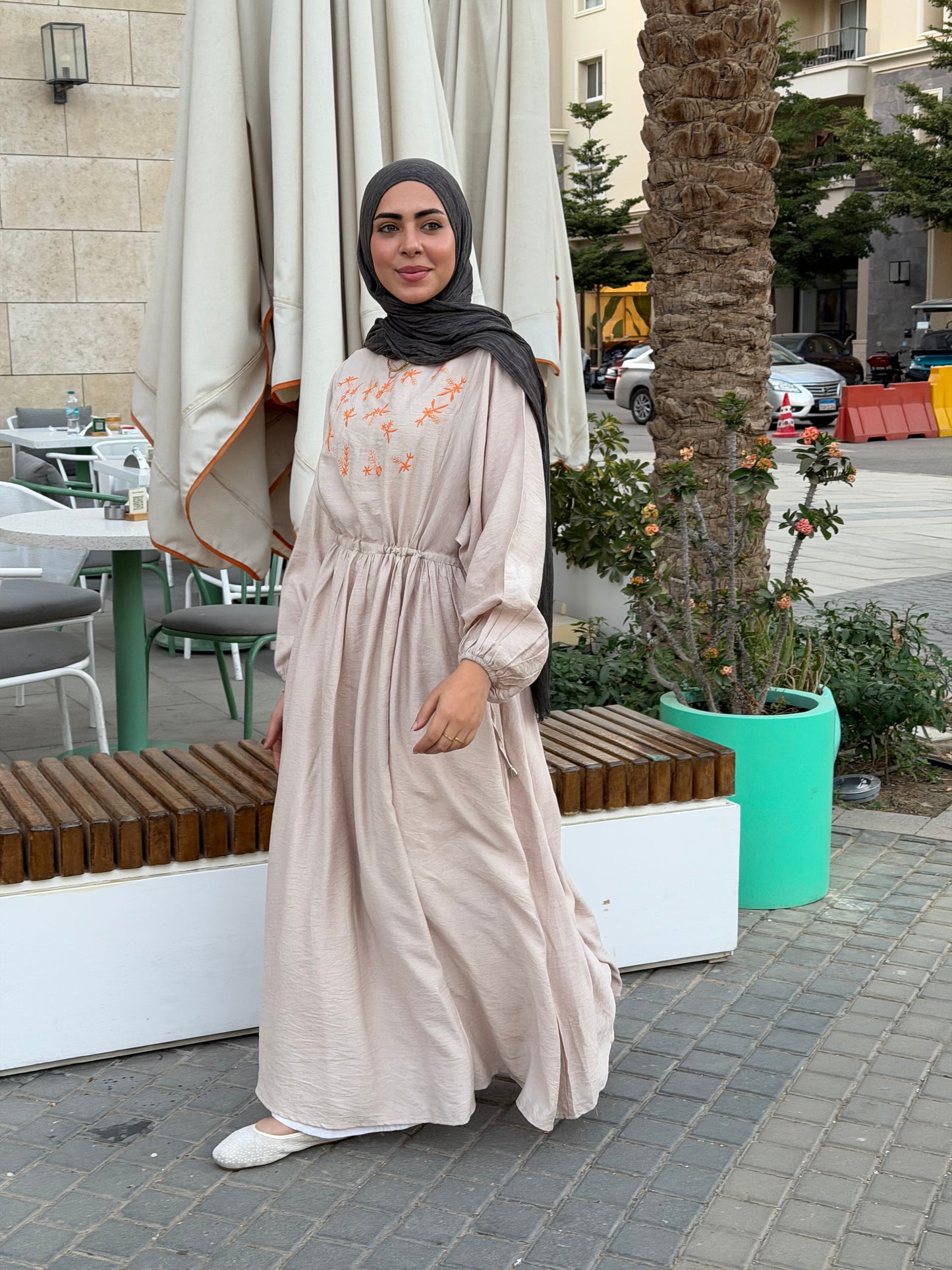 Elena Beige Embroidered  Dress