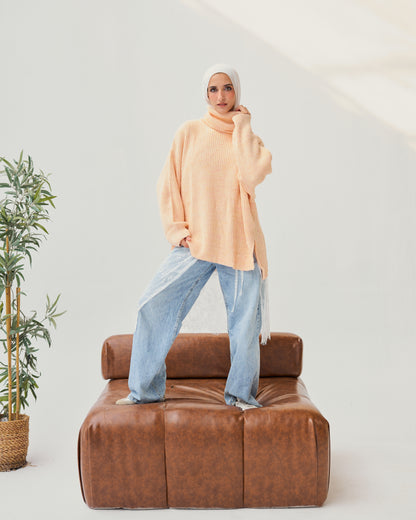 High-Low Turtle-neck Pullover in Light Salmon